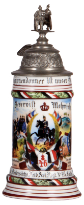 Regimental stein, .5L, 10.6'' ht., porcelain, 6. Battr., Feld. Artl. Regt. Nr. 46, Celle, 1902 - 1904, two side scenes, roster, eagle thumblift, named to: Reservist Mohwinkel, rare regiment, mint.