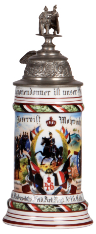 Regimental stein, .5L, 10.6'' ht., porcelain, 6. Battr., Feld. Artl. Regt. Nr. 46, Celle, 1902 - 1904, two side scenes, roster, eagle thumblift, named to: Reservist Mohwinkel, rare regiment, mint.