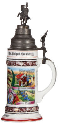 Regimental stein, .5L, 13.2" ht., porcelain, 3. Esk., Dragoner Nr. 26, Stuttgart-Cannstatt, 1911 - 1914, four side scenes, roster, Württemberg thumblift, named to: Gefreiter Deppler, double screw-off lid, with prism underneath, pewter repair to horse leg - 2