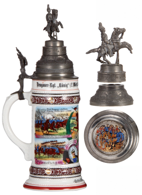 Regimental stein, .5L, 13.2" ht., porcelain, 3. Esk., Dragoner Nr. 26, Stuttgart-Cannstatt, 1911 - 1914, four side scenes, roster, Württemberg thumblift, named to: Gefreiter Deppler, double screw-off lid, with prism underneath, pewter repair to horse leg - 3