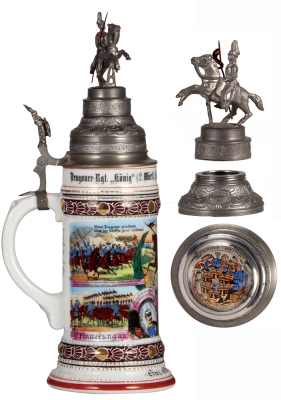 Regimental stein, .5L, 13.2" ht., porcelain, 3. Esk., Dragoner Regt. Nr. 26, Stuttgart-Cannstatt, 1913 - 1914, four side scenes, roster, Württemberg thumblift, named to: Einj. Freiw. Fürth, double screw-off lid with prism underneath, lithophane lines, oth - 3