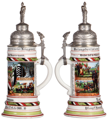 Regimental stein, .5L, 12.7" ht., porcelain, 8. Comp., Inft. Regt. Nr. 77, Celle, 1908 - 1910, four side scenes, roster, eagle thumblift, named to: Reservist Homann, mint. - 2