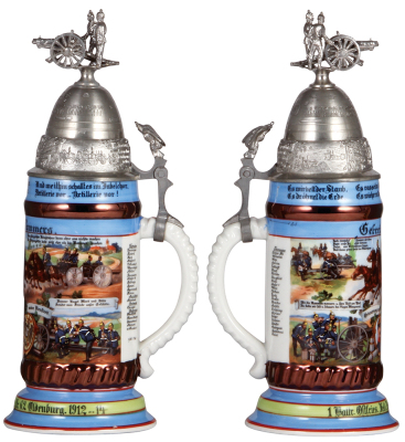 Regimental stein, .5L, 12.3" ht., porcelain, 1. Battr., Feld Artl. Regt. Nr. 62, Oldenburg, 1912 - 1914, four side scenes, roster, eagle thumblift, named to: Gefreiter Lammers, two top rim flakes. - 2