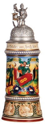 Regimental stein, .5L, 12.1'' ht., pottery, 4. Comp., Jäger Bataillon Nr. 8, Schlettstadt, 1907 - 1909, two side scenes, roster, St. Hubert thumblift, named to: Reservist Weiland, excellent paint touch-up of some color wear.