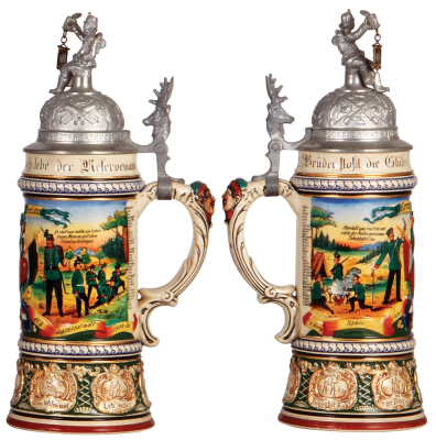 Regimental stein, .5L, 12.1'' ht., pottery, 4. Comp., Jäger Bataillon Nr. 8, Schlettstadt, 1907 - 1909, two side scenes, roster, St. Hubert thumblift, named to: Reservist Weiland, excellent paint touch-up of some color wear. - 2