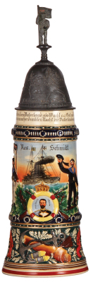 Regimental stein, 1.0L, 15.7" ht., pottery, S.M.S. Deutschland, Kiel, 1910 - 1913, two side scenes, one scene shows several ships, eagle thumblift, named to: Res. Schmidt, pewter strap & shank repaired, body mint.