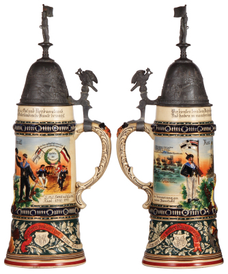 Regimental stein, 1.0L, 15.7" ht., pottery, S.M.S. Deutschland, Kiel, 1910 - 1913, two side scenes, one scene shows several ships, eagle thumblift, named to: Res. Schmidt, pewter strap & shank repaired, body mint. - 2