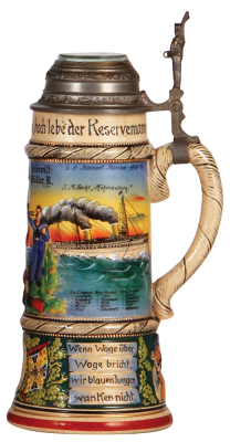 Regimental stein, 1.0L, 11.5" ht., pottery, S.M.S. Yorck & S.M. Yacht Hohenzollern, 1910 - 1914, two side scenes, roster, sailor thumblift, named to: Reservist Müller R., lid with photo, owner’s info on underside of base, otherwise mint. - 2