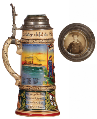 Regimental stein, 1.0L, 11.5" ht., pottery, S.M.S. Yorck & S.M. Yacht Hohenzollern, 1910 - 1914, two side scenes, roster, sailor thumblift, named to: Reservist Müller R., lid with photo, owner’s info on underside of base, otherwise mint. - 3