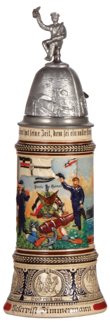 Regimental stein, 1.0L, 13.6" ht., pottery, S.M.S. Danzig & S.M.S. Mainz, 1908 - 1912, two side scenes, roster, eagle thumblift, named to: Reservist Zimmermann, screw-off lid with glass jewel & relief scene, mint. 