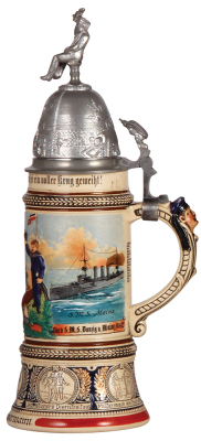 Regimental stein, 1.0L, 13.6" ht., pottery, S.M.S. Danzig & S.M.S. Mainz, 1908 - 1912, two side scenes, roster, eagle thumblift, named to: Reservist Zimmermann, screw-off lid with glass jewel & relief scene, mint.  - 2