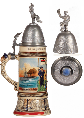 Regimental stein, 1.0L, 13.6" ht., pottery, S.M.S. Danzig & S.M.S. Mainz, 1908 - 1912, two side scenes, roster, eagle thumblift, named to: Reservist Zimmermann, screw-off lid with glass jewel & relief scene, mint.  - 3