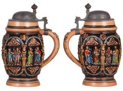 Two pottery steins, .5L, relief 1463, by Reinhold Hanke, pewter lid, pewter tear; with, 1.0L, relief, marked M. & W. Gr., Creussen style, pewter lid, mint. - 3