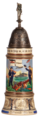 Regimental stein, 1.0L, 14.5" ht., pottery, S.M.S. Wittelsbach & S.M.S. Posen, 1908 - 1911, two side scenes, roster, eagle thumblift, named to: Reservist Glöcker [missing C in name], otherwise mint.
