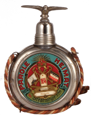 Regimental flask, .25L, glass & metal, 7. Comp., Inft. Regt. Nr. 164, Hameln, 1905 - 1907, named to: Res. Kredemeyer, very good condition.