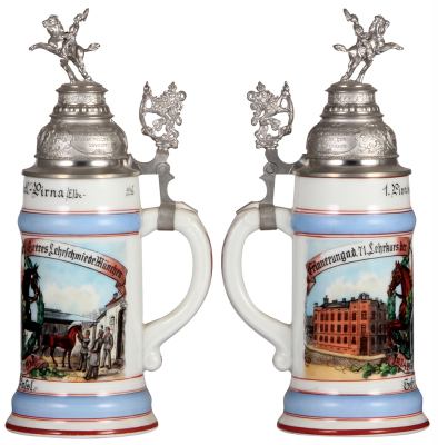 Third Reich stein & beaker, .5L, porcelain, 1. Pionier Batl. Nr. 13, Pirna, 8. Heeres Lehr-schmiede, München, 1.4.1936 - 31.7.1936, named to: Gefr. M. Fassel, pewter lid, with matching beaker, mint. - 2