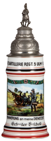 Third Reich stein, .5L, porcelain, 7. Batt., Artillerie Regt. Nr. 5, Ulm, 1934 - 1935, owner's name, pewter lid, small spot of color wear repainted, lithophane lines.