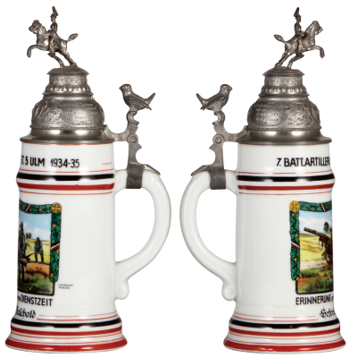 Third Reich stein, .5L, porcelain, 7. Batt., Artillerie Regt. Nr. 5, Ulm, 1934 - 1935, owner's name, pewter lid, small spot of color wear repainted, lithophane lines. - 2