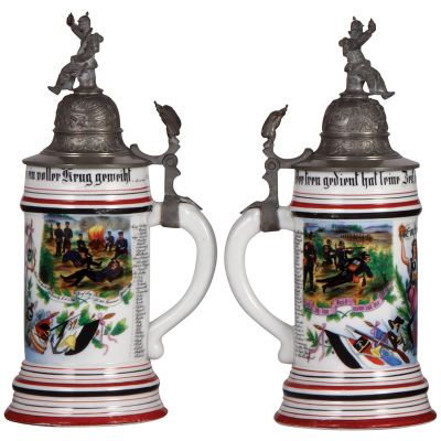 Regimental stein, .5L, 10.9" ht., porcelain, 6. Comp., Inft. Regt. Nr. 166, Hanau, 1901 - 1902, two side scenes, roster, eagle thumblift, named to: Einj. Frw. Schlitt, pewter tear, otherwise mint.     - 2