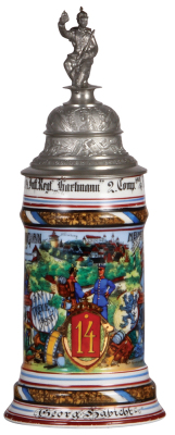 Regimental stein, .5L, 11.2" ht., porcelain, 2. Comp., bayr. Inft. Nr. 14, Nürnberg, 1905 - 1907, four side scenes, roster, lion thumblift, named to: Georg Habicht, a little wear to lower red band, otherwise mint.