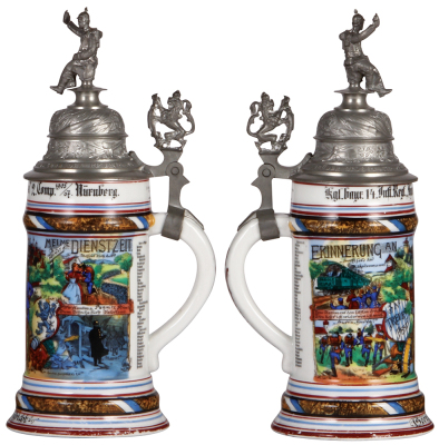 Regimental stein, .5L, 11.2" ht., porcelain, 2. Comp., bayr. Inft. Nr. 14, Nürnberg, 1905 - 1907, four side scenes, roster, lion thumblift, named to: Georg Habicht, a little wear to lower red band, otherwise mint. - 2