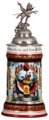 Regimental stein, .5L, 11.0" ht., porcelain, 4. Esk., Drag. Regt. Nr. 26, Stuttgart, 1897 - 1900, two side scenes, roster, Württemberg thumblift, named to: Gefrt. Frick, lithophane lines, otherwise mint.