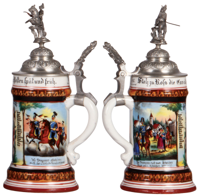 Regimental stein, .5L, 11.0" ht., porcelain, 4. Esk., Drag. Regt. Nr. 26, Stuttgart, 1897 - 1900, two side scenes, roster, Württemberg thumblift, named to: Gefrt. Frick, lithophane lines, otherwise mint. - 2