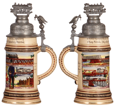 Regimental stein, .5L, 10.8" ht., pottery, 1. Komp., Kgl. Eisenbahn Regt. Nr. 3, Berlin-Schöneberg, 1911 - 1912, u. 1 Komp., Betriebs Abtlg. d. Eisenbahn Brigade, Schöneberg-Jüterbog, 1912 - 1913, six side scenes, eagle thumblift, named to Reservist Stein - 2