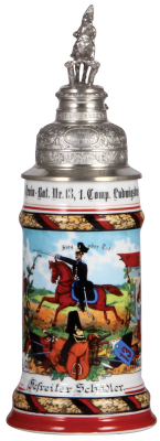 Regimental stein, .5L, 11.6" ht., porcelain, 1. Comp., Train Bat. Nr. 13, Ludwigsburg, 1903 - 1905, two side scenes, roster, Württemberg thumblift, named to: Gefreiter Schädler, mint.