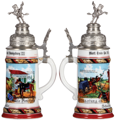 Regimental stein, .5L, 11.6" ht., porcelain, 1. Comp., Train Bat. Nr. 13, Ludwigsburg, 1903 - 1905, two side scenes, roster, Württemberg thumblift, named to: Gefreiter Schädler, mint. - 2