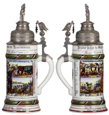 Regimental stein, .5L, 11.4'' ht., porcelain, 5. Komp., Inft. Regt. Nr. 142, Müllheim i.B., 1908 - 1910, four side scenes, roster, eagle thumblift, named to: Reservist Amann, Commando des 14. Armee Corps, Lehr Infanterie Bat. zu Potsdam, 1909 - 1910, mint - 2