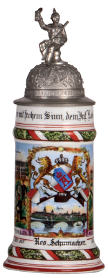 Regimental stein, .5L, 11.1" ht., porcelain, 12. Comp., Inft. Regt. Nr. 117, Mainz, 1903 - 1905, two side scenes, roster, lion thumblift, named to: Res. Schumacher, faint lithophane line, otherwise mint.