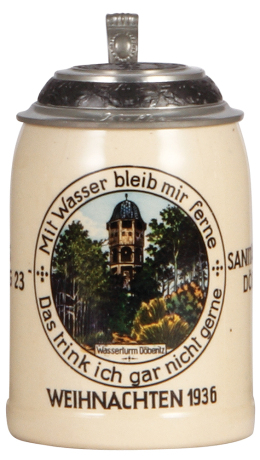 Third Reich stein, .5L, pottery, Sanitäts Abteilung Nr. 23, Sanitätsstaffel, Dîberitz, pewter lid with relief Caduceus, owner's name on lid, 1.5" hairline on side.