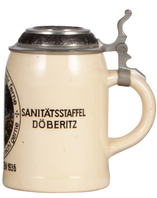 Third Reich stein, .5L, pottery, Sanitäts Abteilung Nr. 23, Sanitätsstaffel, Dîberitz, pewter lid with relief Caduceus, owner's name on lid, 1.5" hairline on side. - 2