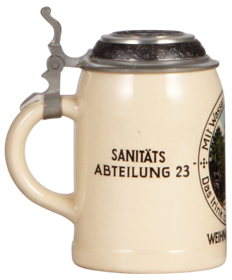 Third Reich stein, .5L, pottery, Sanitäts Abteilung Nr. 23, Sanitätsstaffel, Dîberitz, pewter lid with relief Caduceus, owner's name on lid, 1.5" hairline on side. - 3