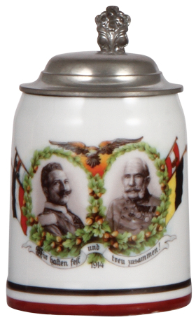 Military stein, .5L, porcelain, Wilhelm II & Franz Josef, pewter lid, mint.