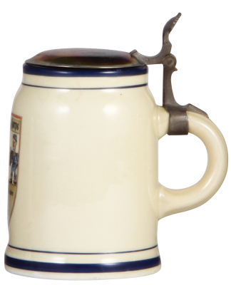 Third Reich stein, .5L, porcelain, Unteroffz. Korps, Zerstr. Geschwader, 52, 1. F.B.K., 1941, metal lid, rare scene, excellent pewter strap repair, body mint. - 2