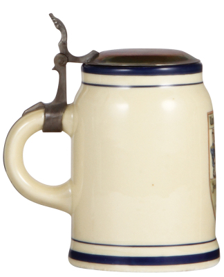 Third Reich stein, .5L, porcelain, Unteroffz. Korps, Zerstr. Geschwader, 52, 1. F.B.K., 1941, metal lid, rare scene, excellent pewter strap repair, body mint. - 3