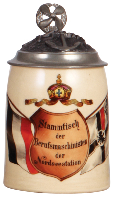 Military stein .5L, pottery, Stammtisch der Berufsmaschinisten der Nordseestation, relief, pewter lid with marine implements, mint.