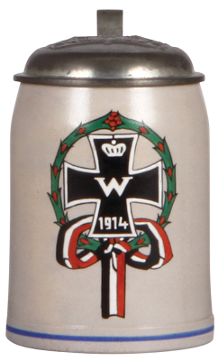 Military stein, .5L, stoneware, 1914 Iron Cross, relief pewter lid with Bavarian coat-of-arms, mint.