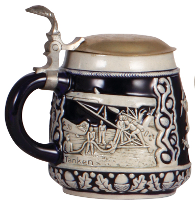 Third Reich stein, .5L, stoneware, relief, airplanes, metal pewter lid: Uffz. Korps der Aufkl.-Staffel 1 [F.] 24, Kassel, mint. - 3