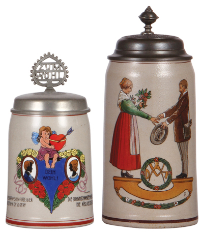 Two stoneware steins, .5L, transfer & hand-painted, Deinwohl, pewter lid, center hinge ring missing; with, 1.0L, marked Th. Schmid München, by F. Ringer, pewter lid: Deutscher Ingenieure versammlung München 1903, mint.