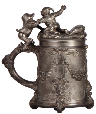 Pewter stein, .5L, relief, marked Barth, München, 1871, Der Deutsche Michael, owner's ID inside lid, mint. - 3