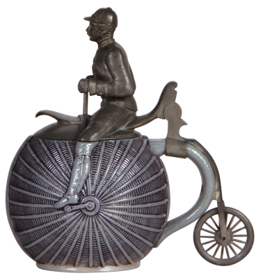Character stein, .5L, stoneware, blue saltglaze, High-Wheel Bicycle, pewter figural lid, with a photocopy of an original advertisement for this bicycle stein, mint.