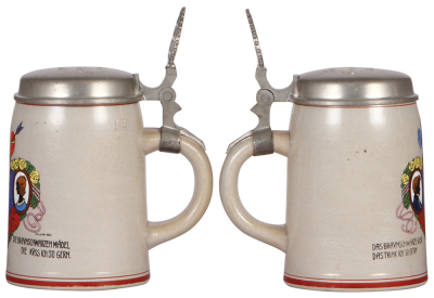 Two stoneware steins, .5L, transfer & hand-painted, Deinwohl, pewter lid, center hinge ring missing; with, 1.0L, marked Th. Schmid München, by F. Ringer, pewter lid: Deutscher Ingenieure versammlung München 1903, mint. - 2