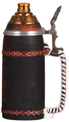 Character stein, .5L, porcelain, Artillery Shell, flake on bottom of handle, excellent pewter strap repair.