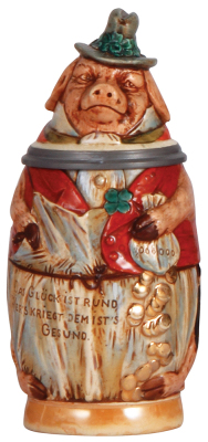Character stein, .5L, pottery, marked 770, by J.W. Remy, Wealthy Pig, center hinge ring loose and works well, otherwise mint. 