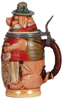 Character stein, .5L, pottery, marked 770, by J.W. Remy, Wealthy Pig, center hinge ring loose and works well, otherwise mint.  - 2