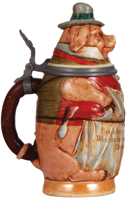 Character stein, .5L, pottery, marked 770, by J.W. Remy, Wealthy Pig, center hinge ring loose and works well, otherwise mint.  - 3