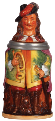 Character stein, .3L, pottery, by Diesinger, 734, Trumpeter, missing thumblift.